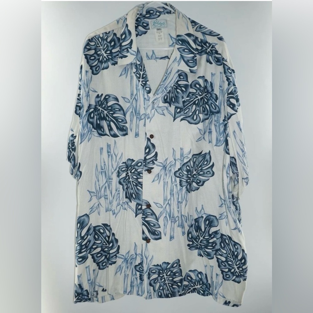 Vtg KoleKole Hawaiian Tropical Leaf Print Button Down Shirt  3XL Blue & White